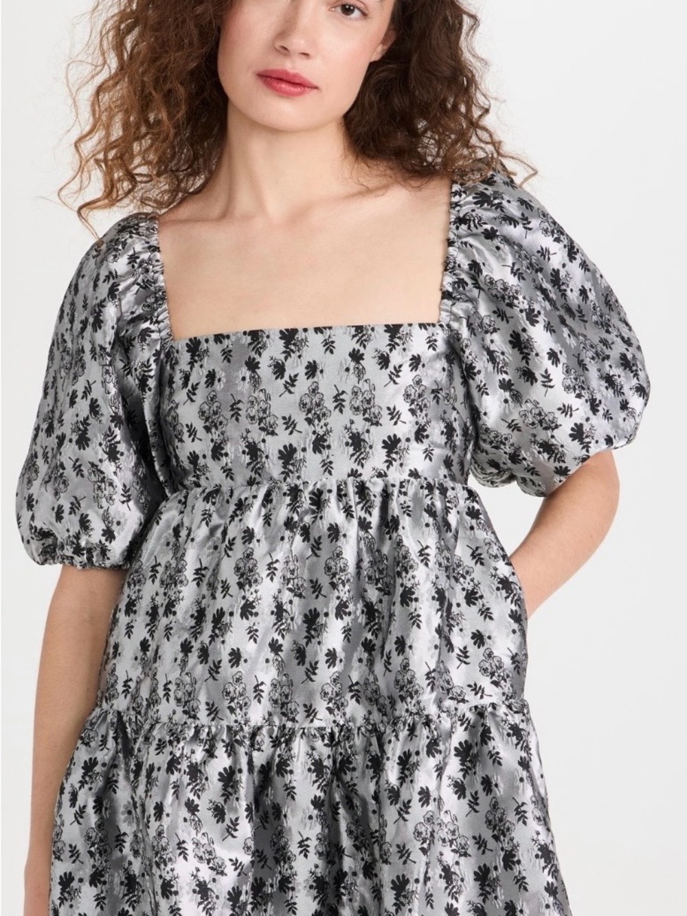 Amanda Uprichard Maisie Silver Brocade Puff Sleeve Dress M NWT